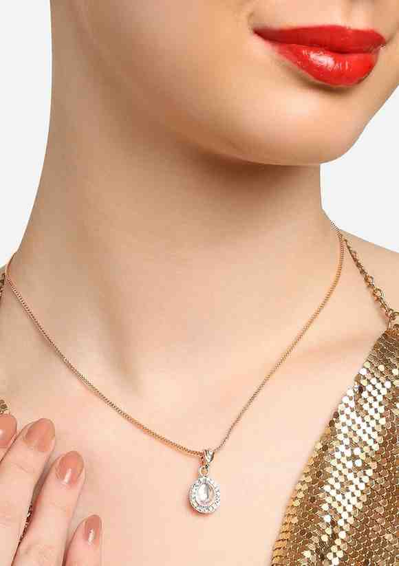 Rose Gold Plated Studded Drop Shape Pendant And Chain
